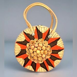 Rattan Wicker Straw Round Purse Handbag Floral 3D Crewel Hobo Beach Orange Vtg